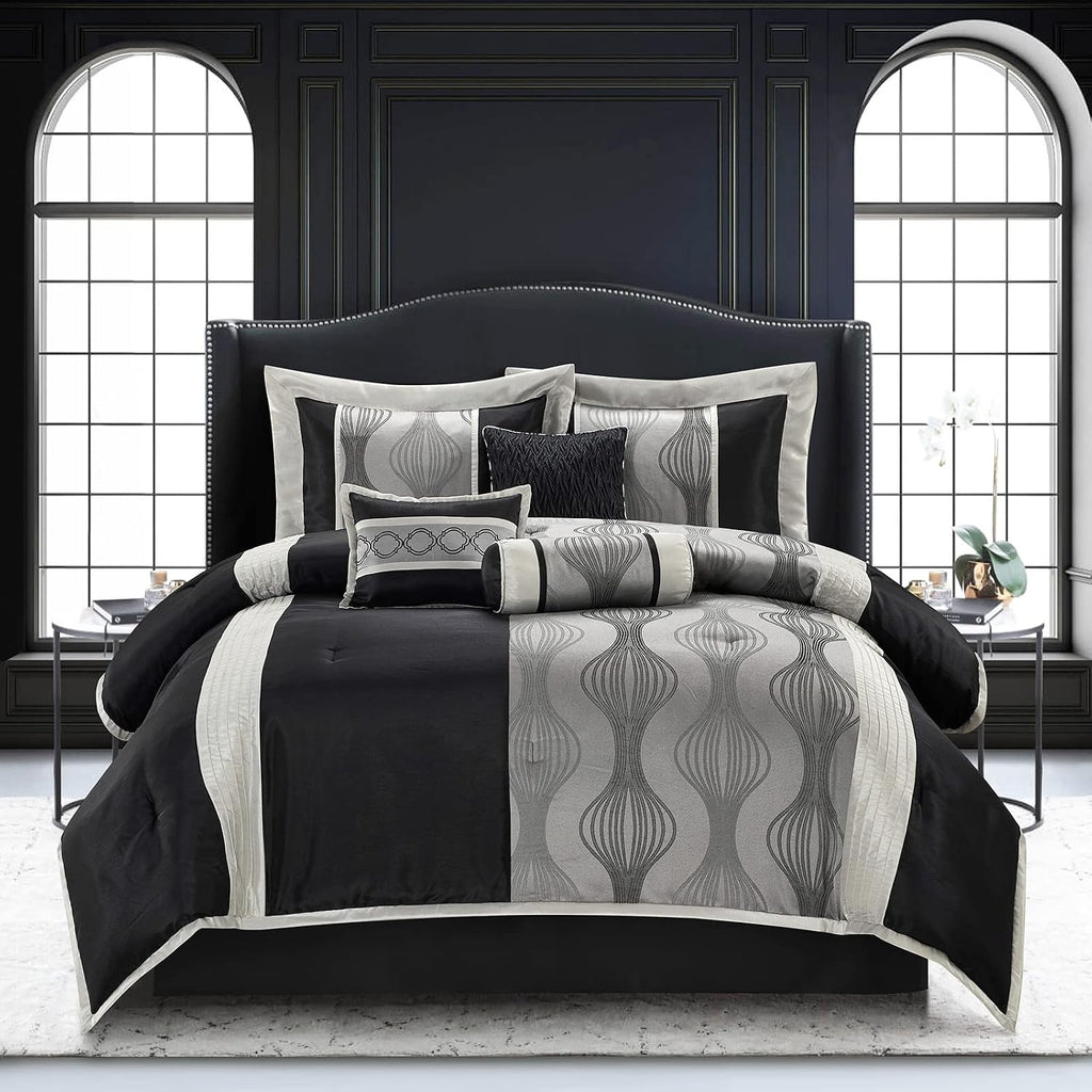 Stratford Park Black and Silver Comforter Set King Size, Elegant 7 Pieces Striped All Season Bedding Set