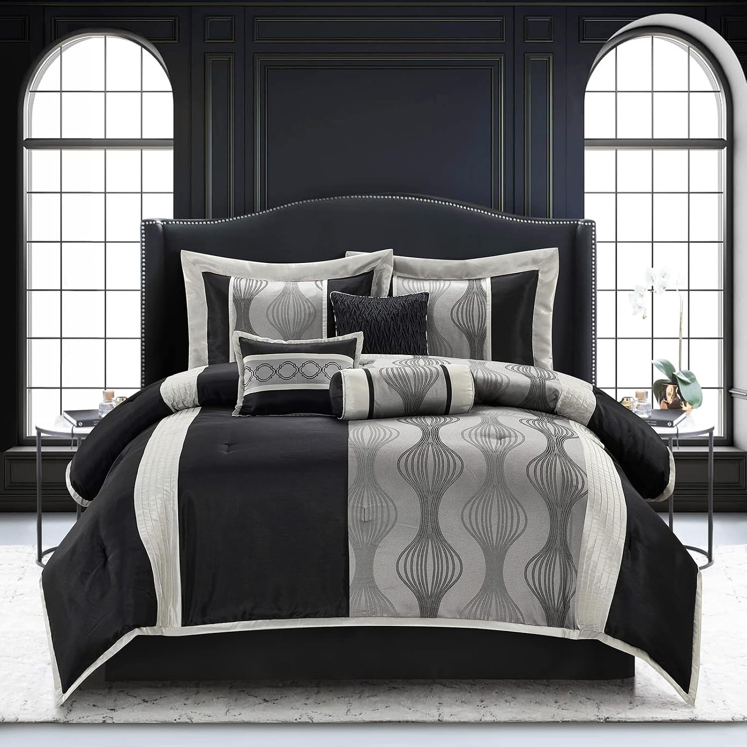 Stratford Park Black and Silver Comforter Set King Size, Elegant 7 Pieces Striped All Season Bedding Set