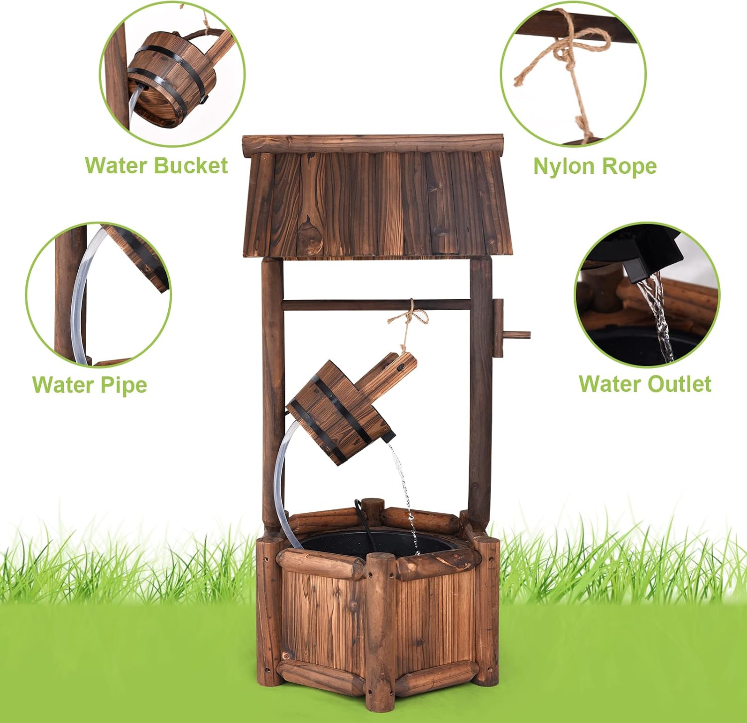 Giantex Wishing Well Water Fountain Outdoor, Rustic Wooden Waterfall Fountain with Electric Pump, Water Bucket, Freestanding Decorative Wishing Well Water Feature for Backyard Patio Garden Lawn