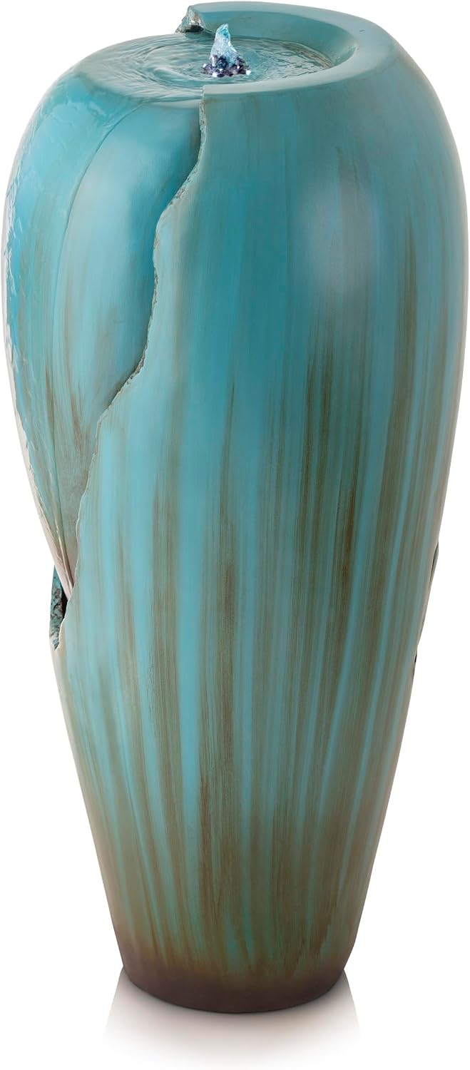 Alpine Corporation 33' Tall Outdoor Antique Jar Water Fountain, Vintage Cascading Design with LED Lights, Garden, Patio & Yard Decor, Turquoise