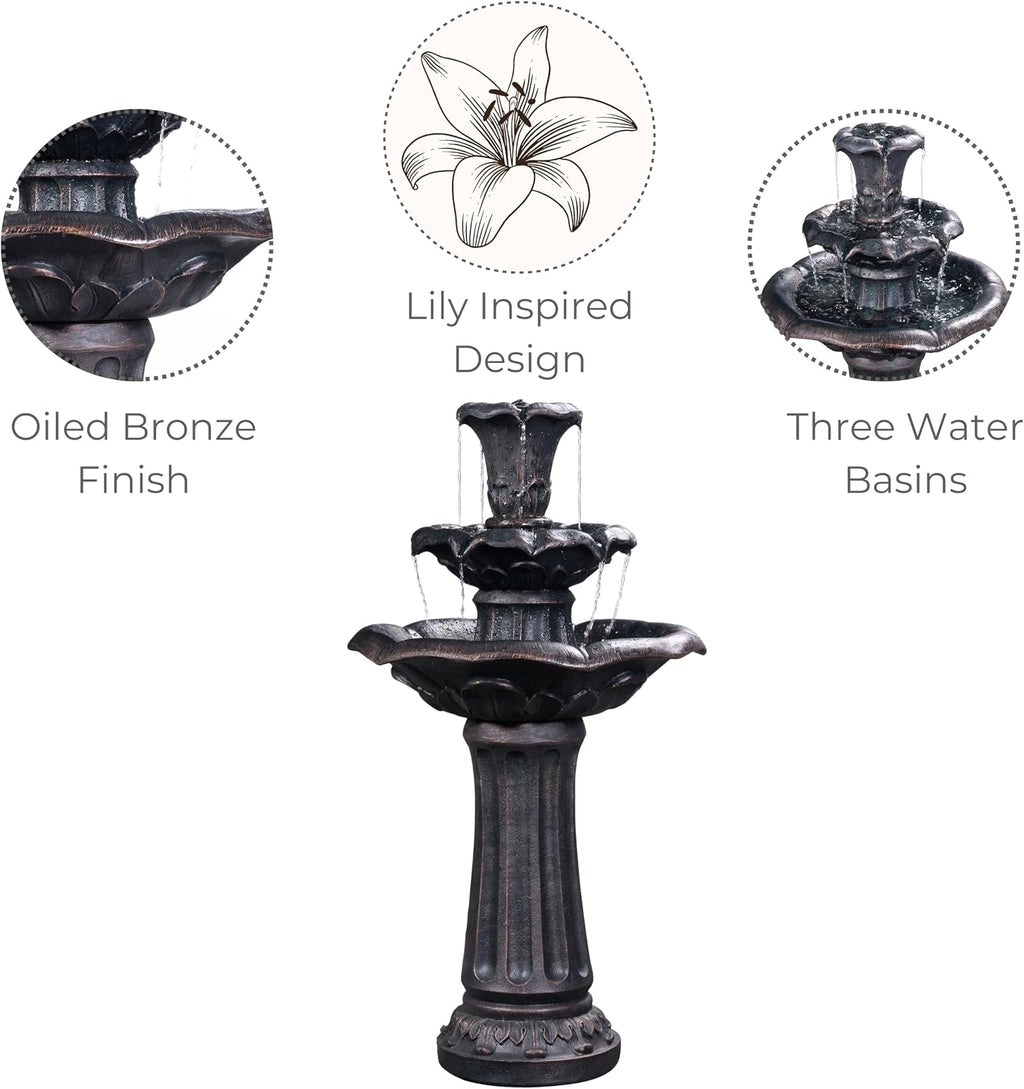 Teamson Home Lily Flower Floor Pedestal 3 Tiered Floor Waterfall Fountain with Pump for Outdoor Patio Garden Backyard Decking, 38 Inch Height, Dark Gray