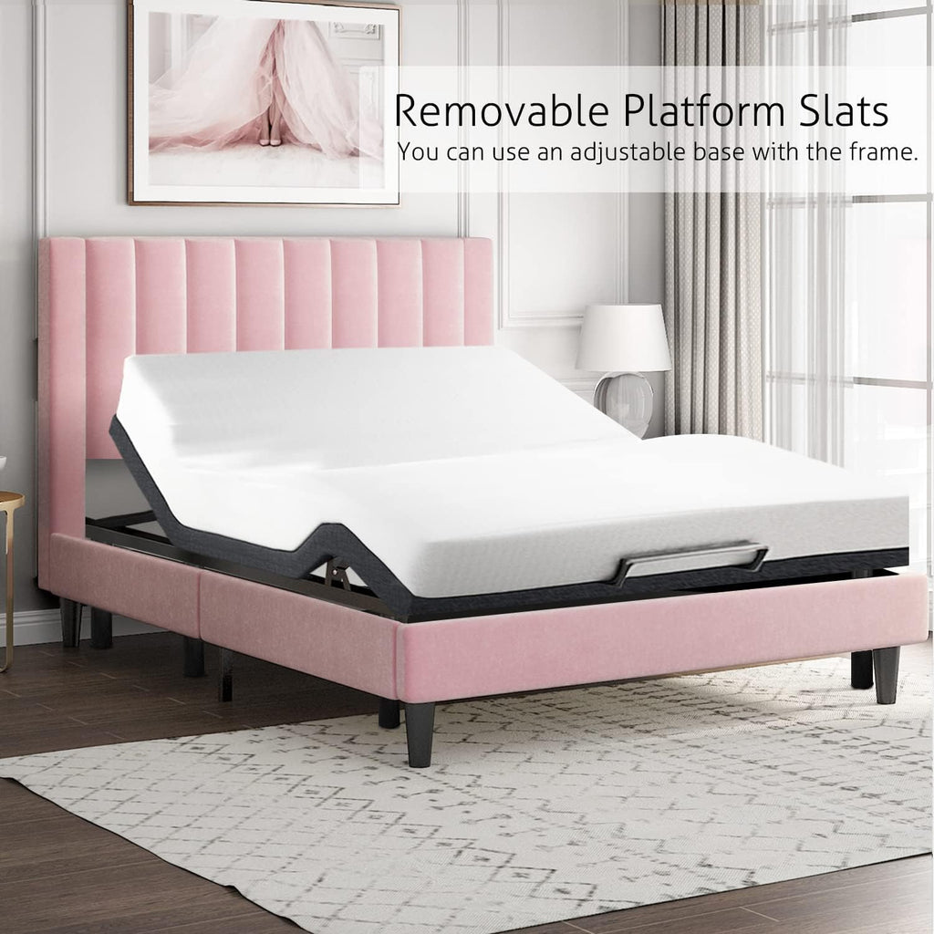 SHA CERLIN Queen Bed Frame/Velvet Upholstered Platform Bed Frame with Headboard/Strong Wood Slats Support/Mattress Foundation/No Box Spring Needed - Pink