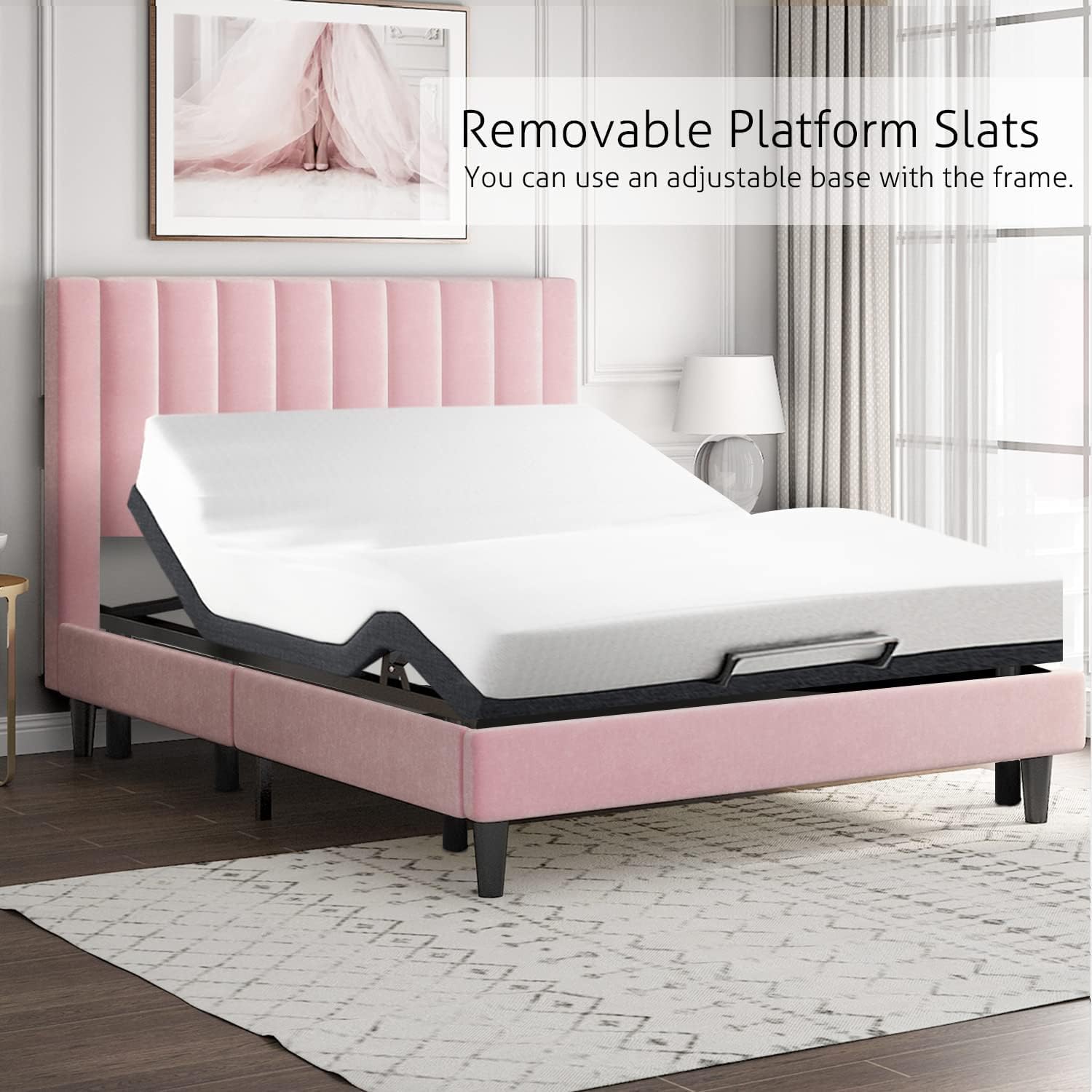 SHA CERLIN Queen Bed Frame/Velvet Upholstered Platform Bed Frame with Headboard/Strong Wood Slats Support/Mattress Foundation/No Box Spring Needed - Pink