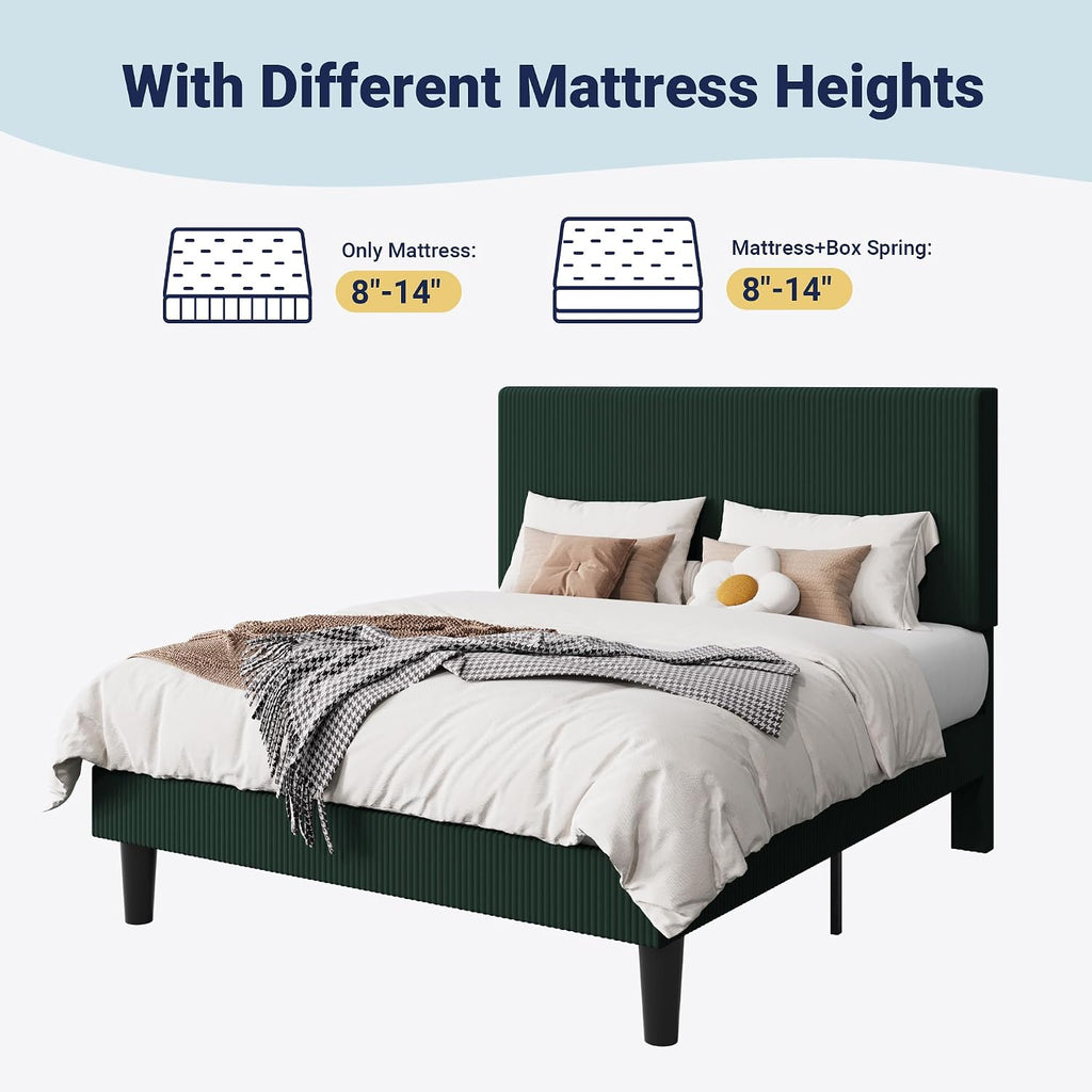 Allewie Queen Size Upholstered Bed Frame with Vertical Channel Tufted Headboard, Soft Corduroy Fabric Platform Bed, Strong Wooden Slats Support, Easy Assembly, No Box Spring Needed, Dark Green