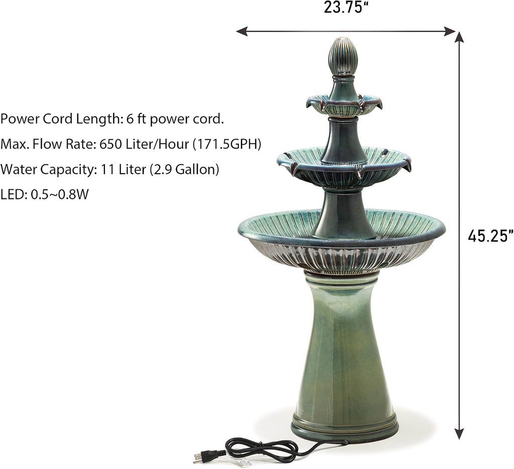 Glitzhome Water Fountain Outdoor Floor-Stand Fountain with LED Light & Pump, Oversized 3 Tier Ceramic Turquoise Waterfall Patio Fountains and Waterfalls Outdoor Yard Fountains for Lawn Garden Backyard