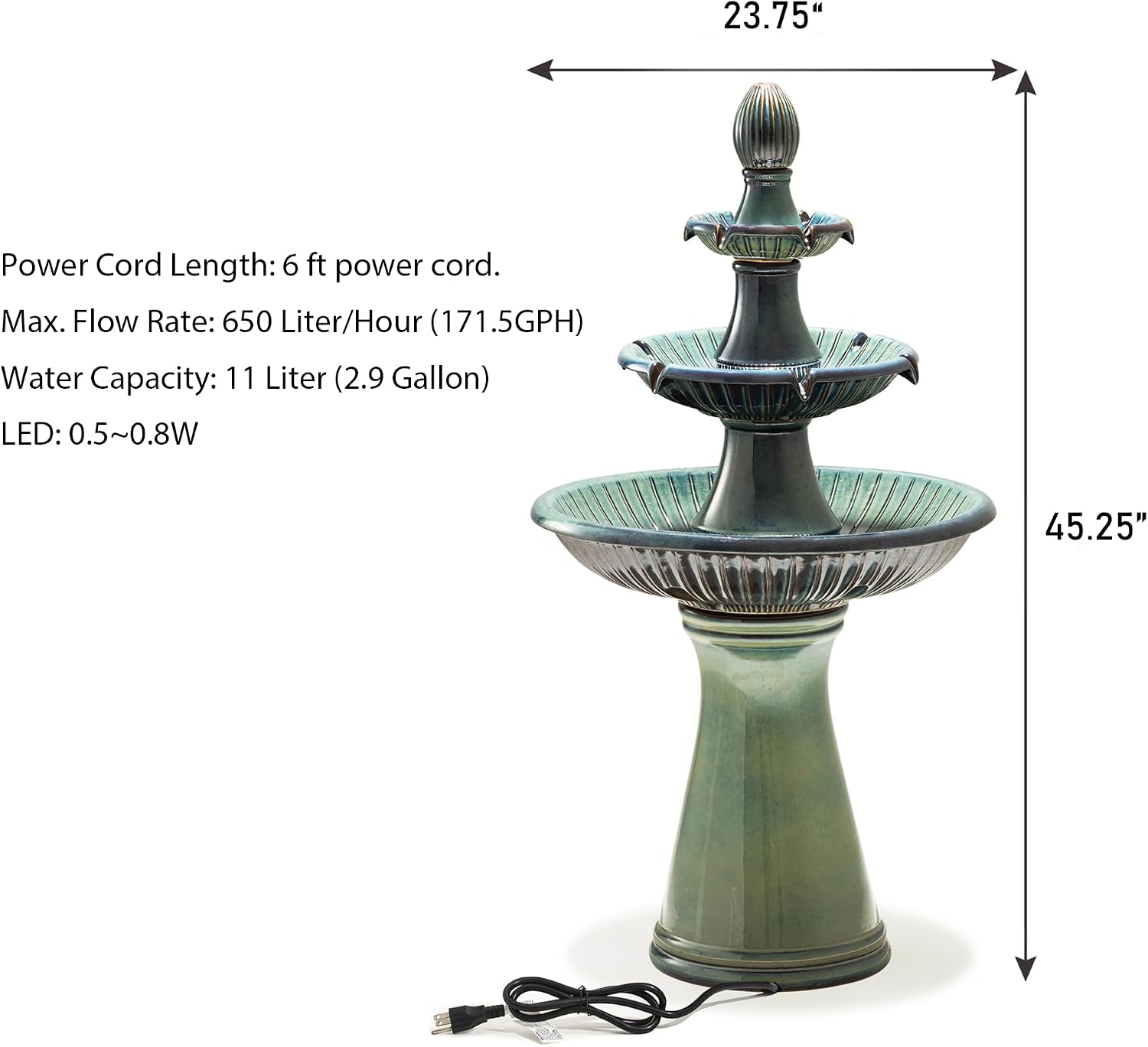 Glitzhome Water Fountain Outdoor Floor-Stand Fountain with LED Light & Pump, Oversized 3 Tier Ceramic Turquoise Waterfall Patio Fountains and Waterfalls Outdoor Yard Fountains for Lawn Garden Backyard