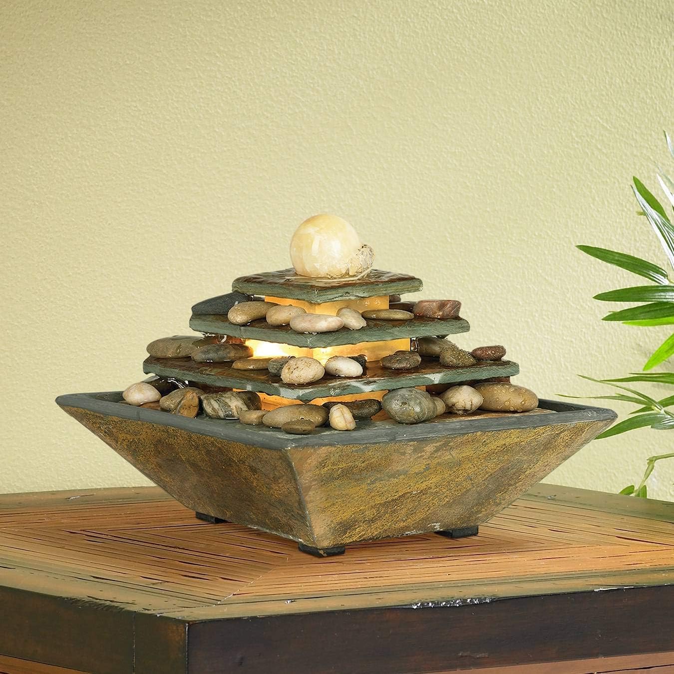 Pyramid 9' High Small Zen Modern Indoor Decor Slate Stone Tabletop Fountain with Light LED Waterfall Feng Shui Ball Water Feature for Desk Relaxation Bedroom Living Room Countertop - John Timberland