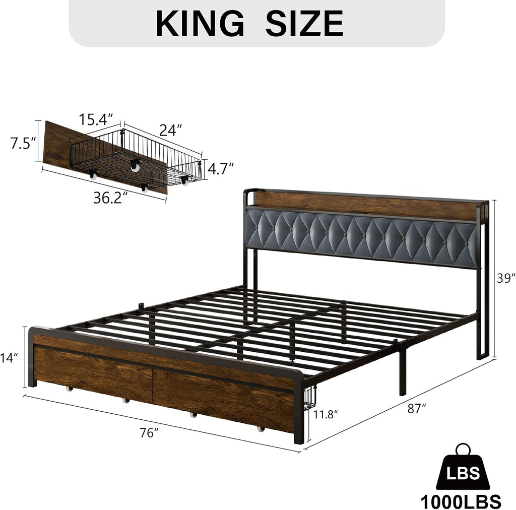 Sismplly King Size Metal Platform Bed Frame with 2 Storage Drawers & LED Light, Upholstered Headboard with Charging Station, No Box Spring Needed, Brown Wood Panel