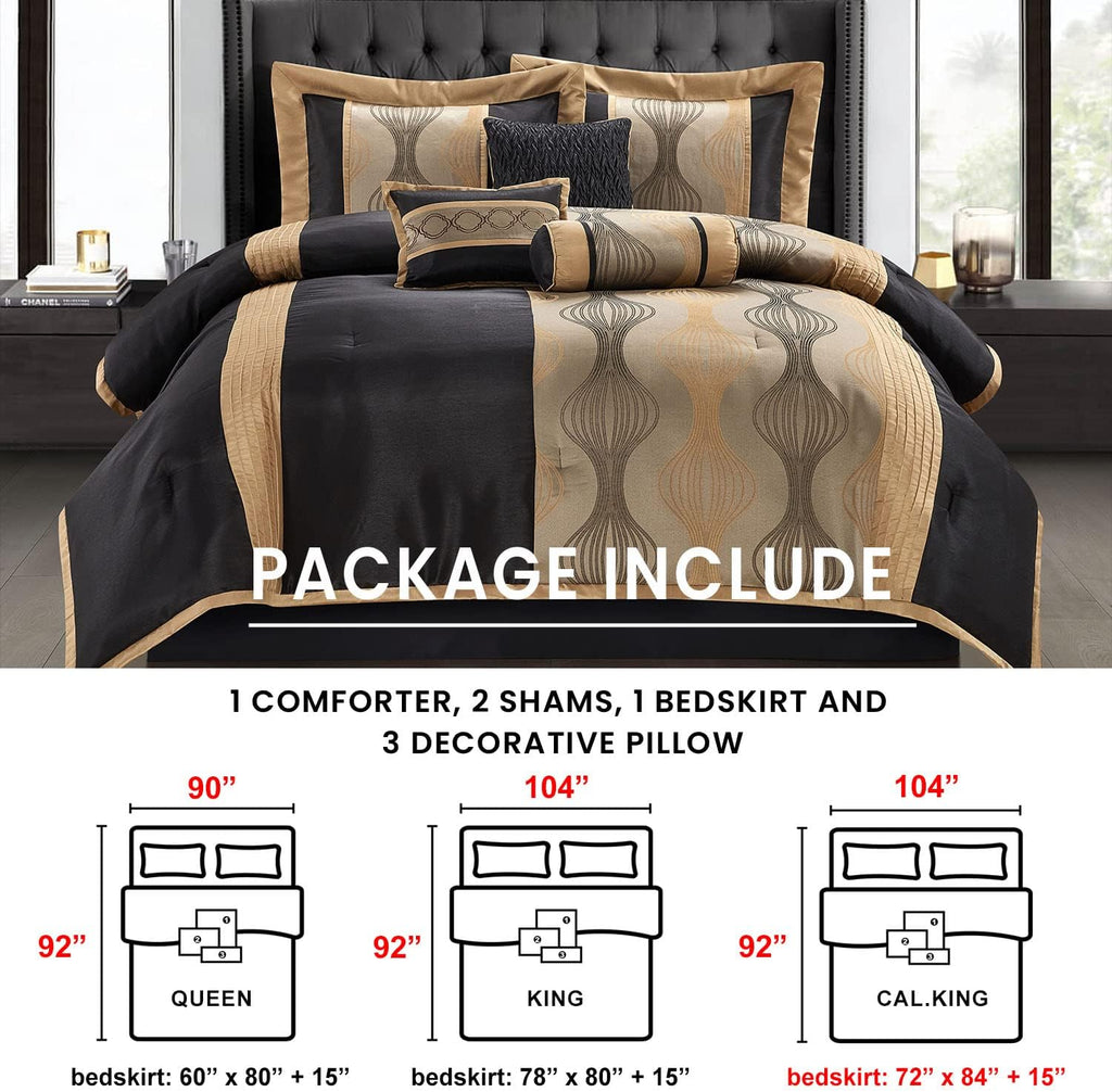 Grand Avenue Elegant Black and Gold Comforter Set,Striped, 7 Pieces Jacquard Bedding Sets with Comforter for All Season, Bed Skirt, Pillows & Shams, Queen Size, Lightweight Microfiber