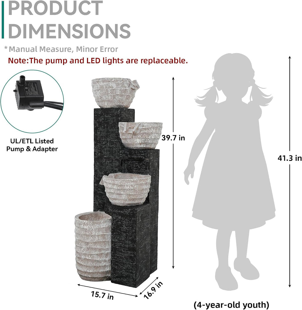 39.8' H Outdoor Water Fountain with LED Lights & Pump, Multilayer Cascading Polyresin Fountain, Sand-Textured Freestanding Garden Fountain for Tranquil Garden, Patio or Porch