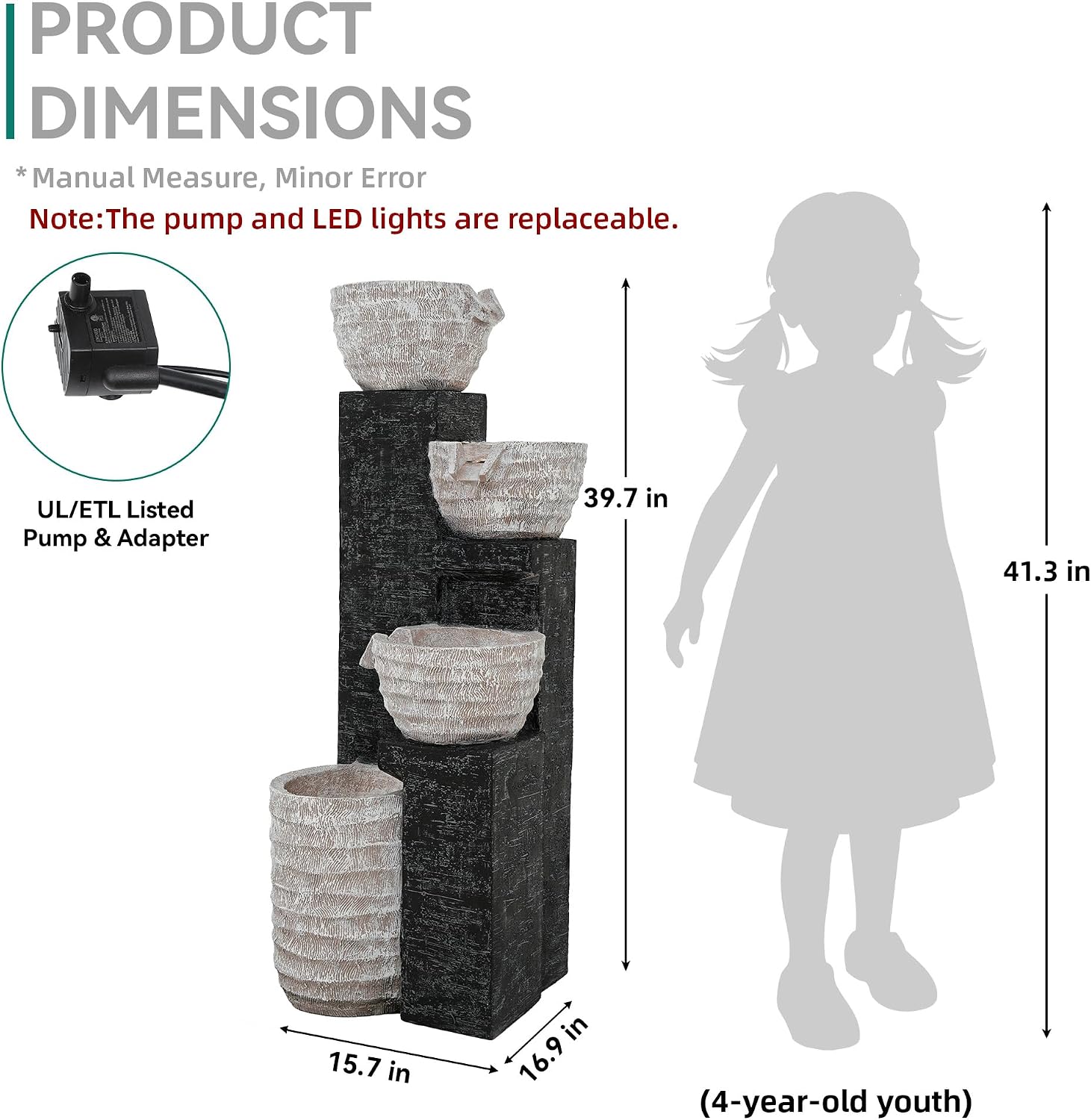 39.8' H Outdoor Water Fountain with LED Lights & Pump, Multilayer Cascading Polyresin Fountain, Sand-Textured Freestanding Garden Fountain for Tranquil Garden, Patio or Porch