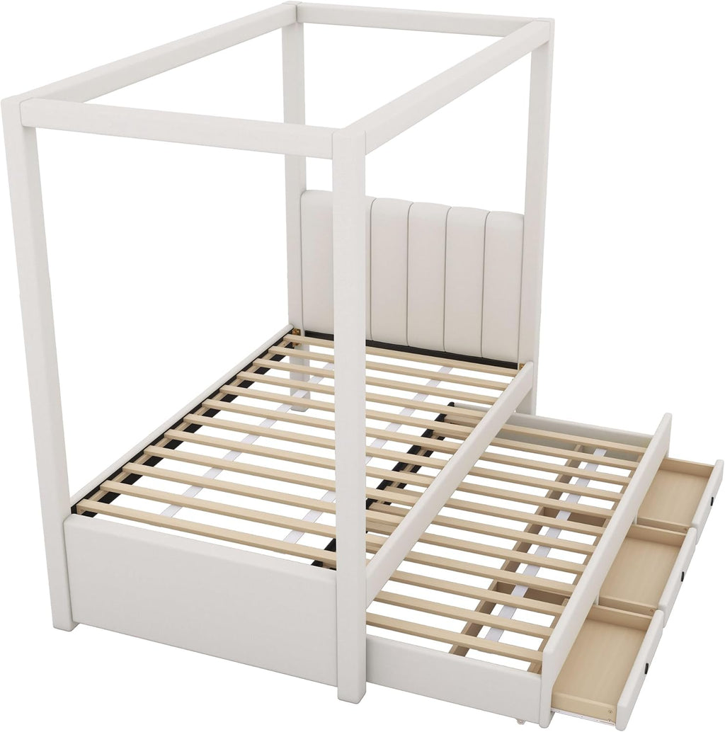 Modern Twin Size Upholstery Canopy Platform Bed with Trundle and 3 Storage Drawers, Twin Size Linen Storage Platform Bed with Backrest and Wood Slat Support for Kids and Teens (Beige, Twin)