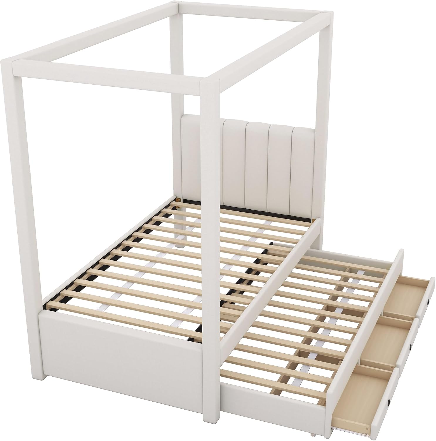 Harper & Bright Designs Twin Size Upholstery Canopy Platform Bed Frame for Boys Girls Kids Adults Toddler with Trundle and Three Storage Drawers, Beige