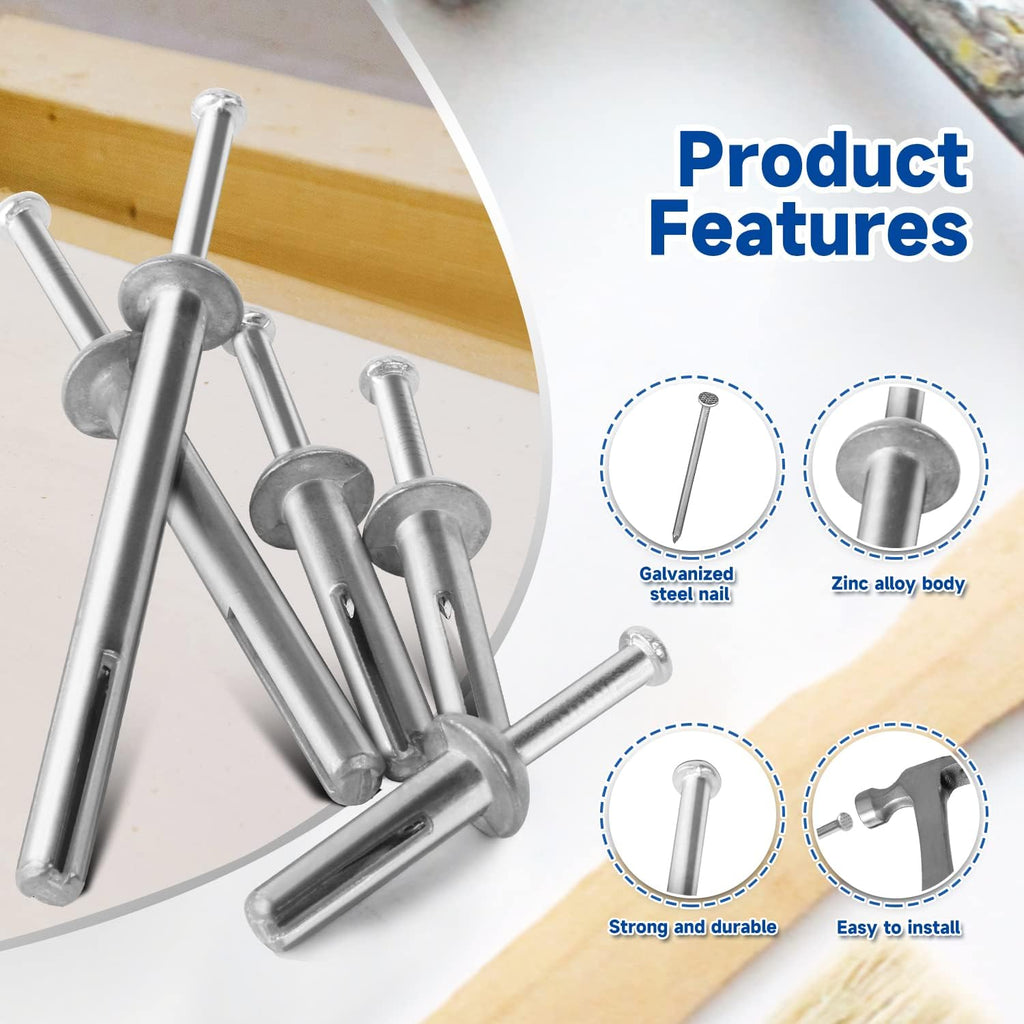 meite Hammer Drive Anchors 1/4' x 2' for Handrails & Wall-Mounted Fixtures, Strong Holding Masonry Anchors, Zinc-Plated Steel, Ideal for Concrete & Brick (5 Boxes)