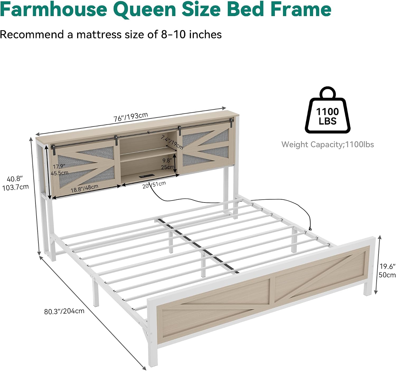 YITAHOME Farmhouse King Size Bed Frame with Headboard, Bookcase Storage Shelves, Sliding Grid Barn Door, Charging Station, Rustic Wood Platform Bed, No Box Spring Needed, Oak