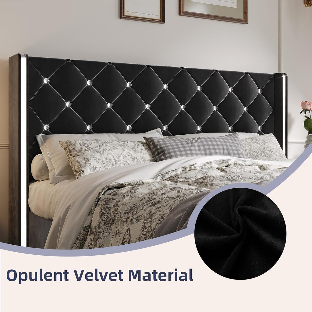 HOMBCK Queen Bed Frame with Headboard, Velvet Upholstered Bed with Wingback and Diamond Tufted Design, Wood Slat Support, No Box Spring Needed, Black