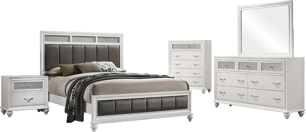Coaster Home Furnishings Barzini Modern Classic 5-Piece Bedroom Set Leatherette Upholstered Queen Size Panel Bed Frame 56-inch Headboard White 205891Q-S5