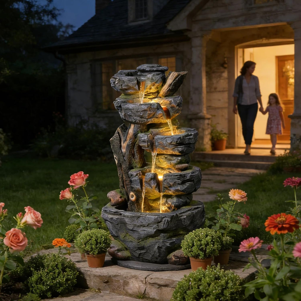 47.2' Tall Outdoor Water Fountain 5-Tier Large Cascading Waterfall Fountain Realistic Rock & Tree Trunk Design with LED Lights, Relaxing Water Flow for Garden, Patio, Backyard & Porch Decor