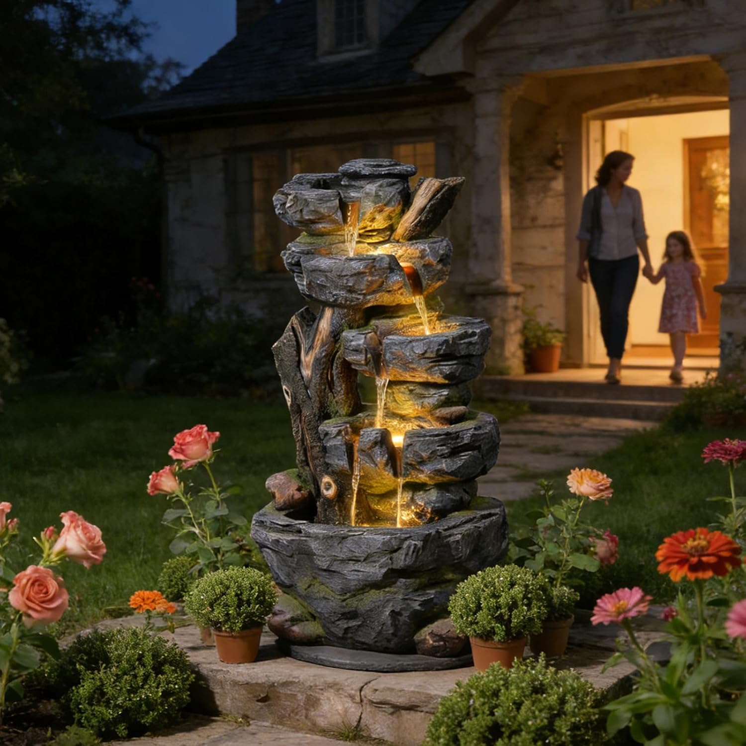 47.2' Tall Outdoor Water Fountain 5-Tier Large Cascading Waterfall Fountain Realistic Rock & Tree Trunk Design with LED Lights, Relaxing Water Flow for Garden, Patio, Backyard & Porch Decor