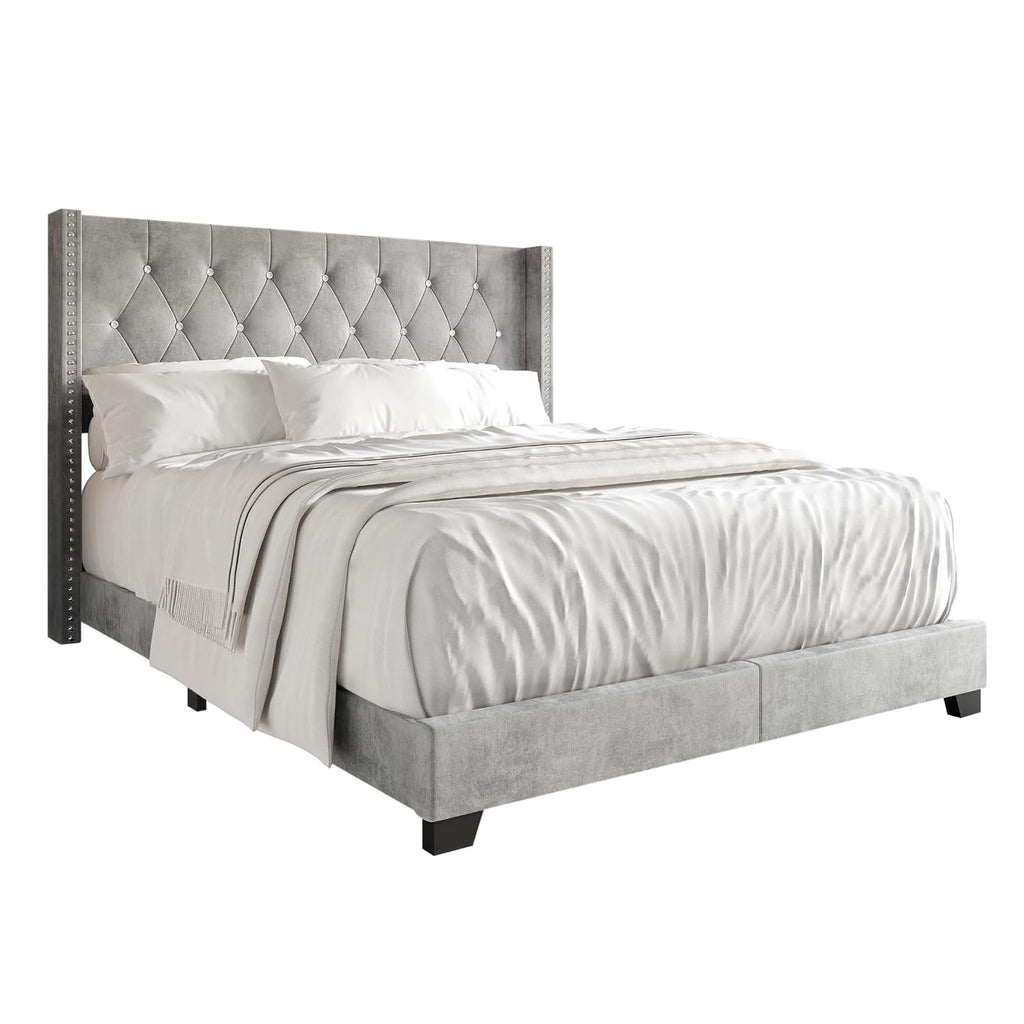 Twin Button Tufted Wingback Velvet Upholstered Bed, Silver Grey
