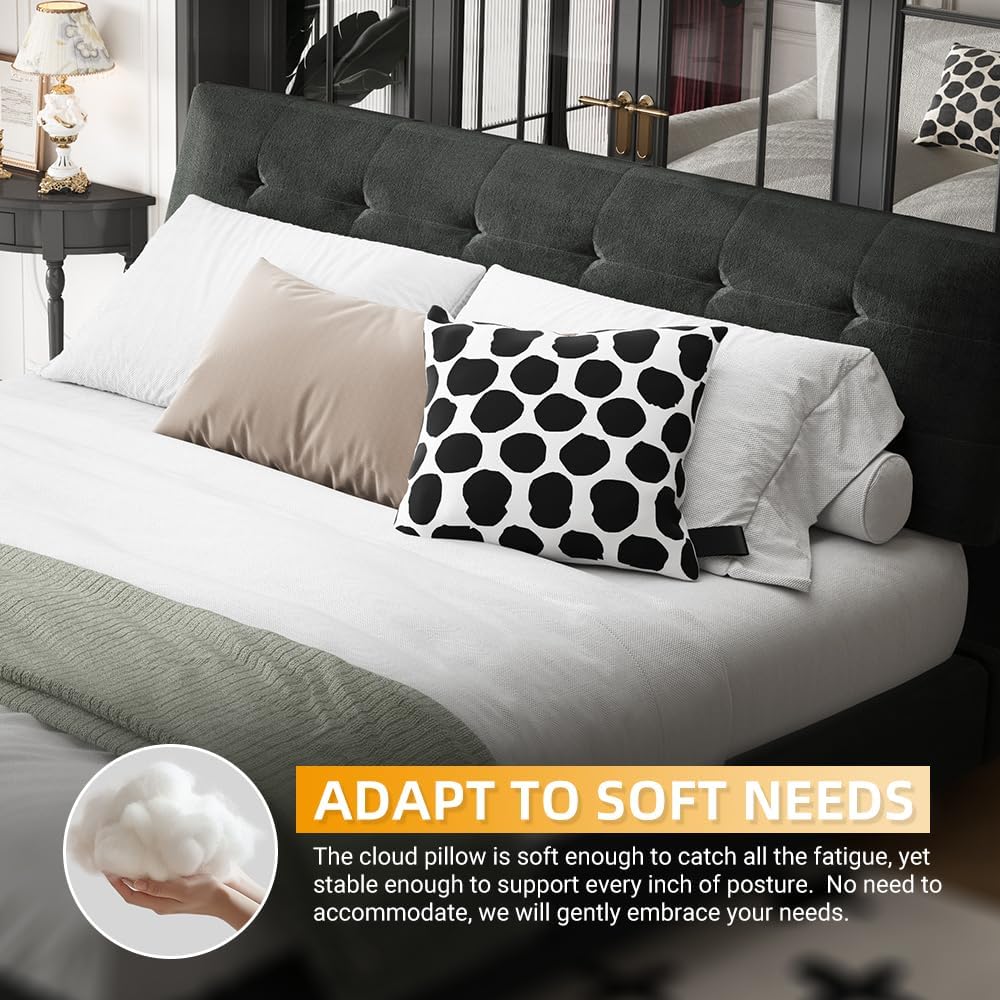 King Size Platform Bed Frame, Tufted Headboard with Extra-Large Ultra-Soft Cloud Pillow Design, Chenille Platform Bed with Metal and Wooden Slats Double Support, No Box Spring Needed (Black-King,7)