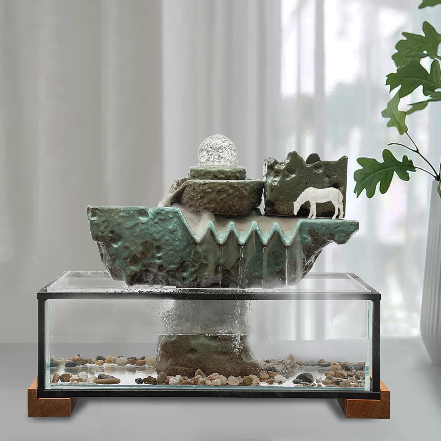 Modern Tabletop Water Fountain with LED Lights,Crystal Ball and Fish Tank, Decorative Indoor Fountain for Home Office Use,Desktop Waterfall with Horse Carving for Relaxation