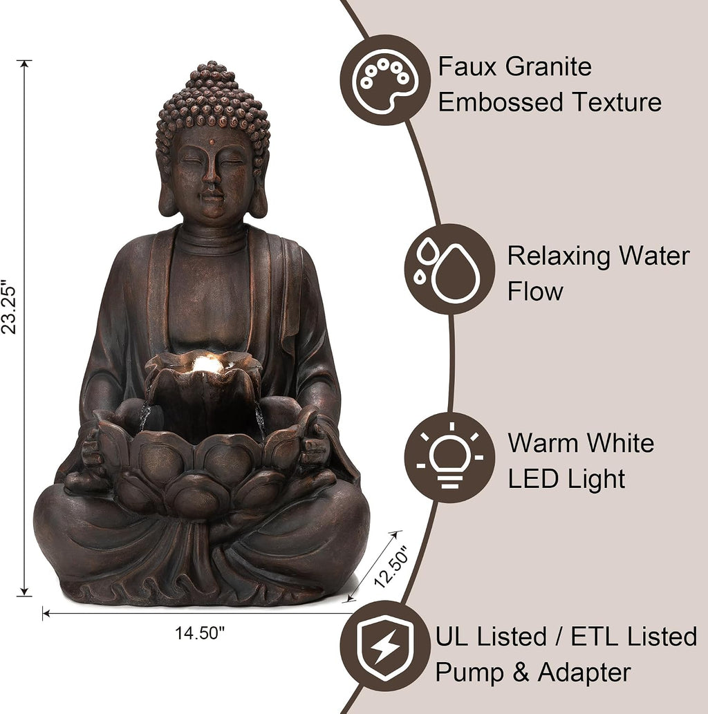 Glitzhome Buddha Fountain with Pump & LED Light, 2 Tier Zen Style Meditating Buddha Water Fountain Outdoor Fountains and Waterfalls Floor Fountains Buddhas Statues for Garden Patio Backyard 23.25' H