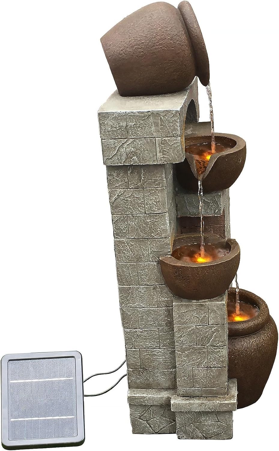 Teamson Home 28 in. Cascading Bowls and Stacked Stones LED Outdoor Water Fountain for Outdoor Living Spaces to Create a Calming Oasis in Gardens and Landscaping, on Patios, Balconies, Lawns, Brown