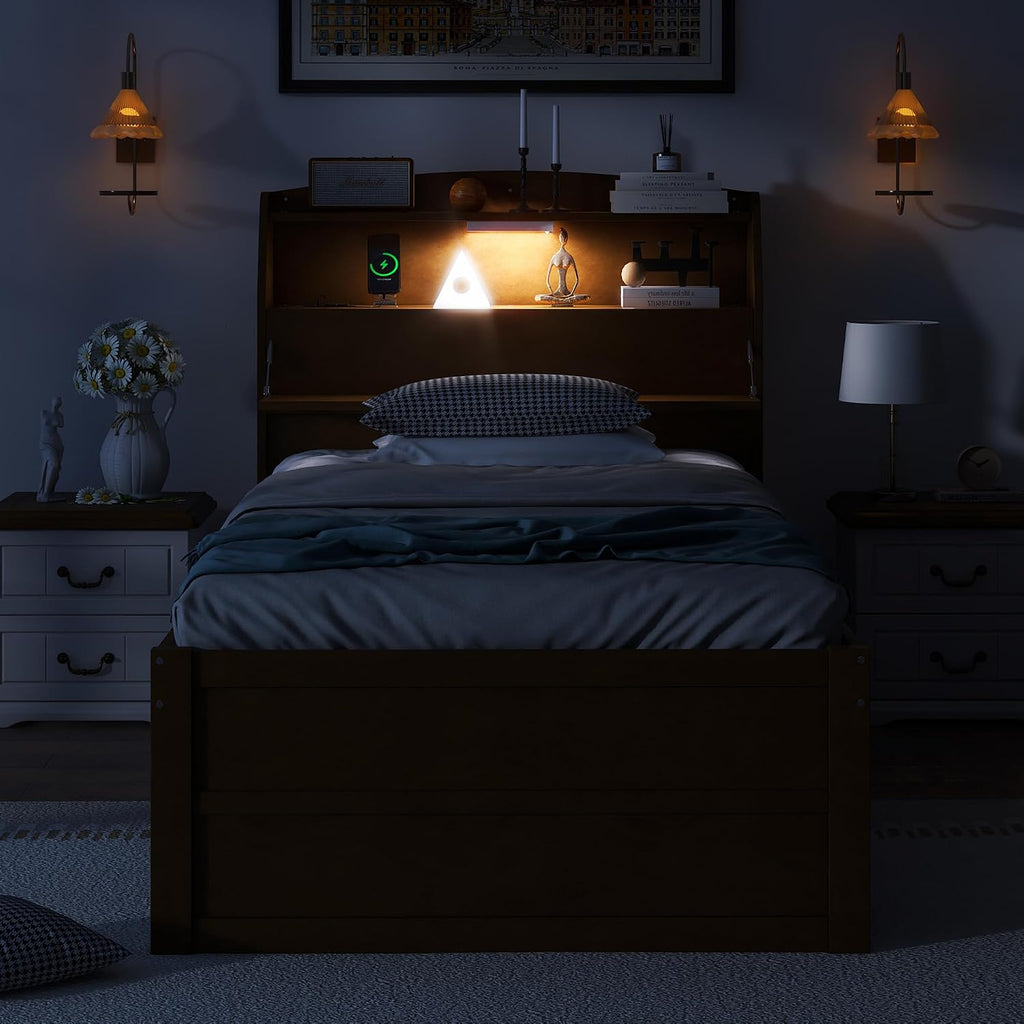 VilroCaz Modern Multi-Function Twin Size Platform Bed with Trundle and 3 Drawers, Wood Captain Platform Bed Frame with Storage Headboard and Night Light, Maximized Space