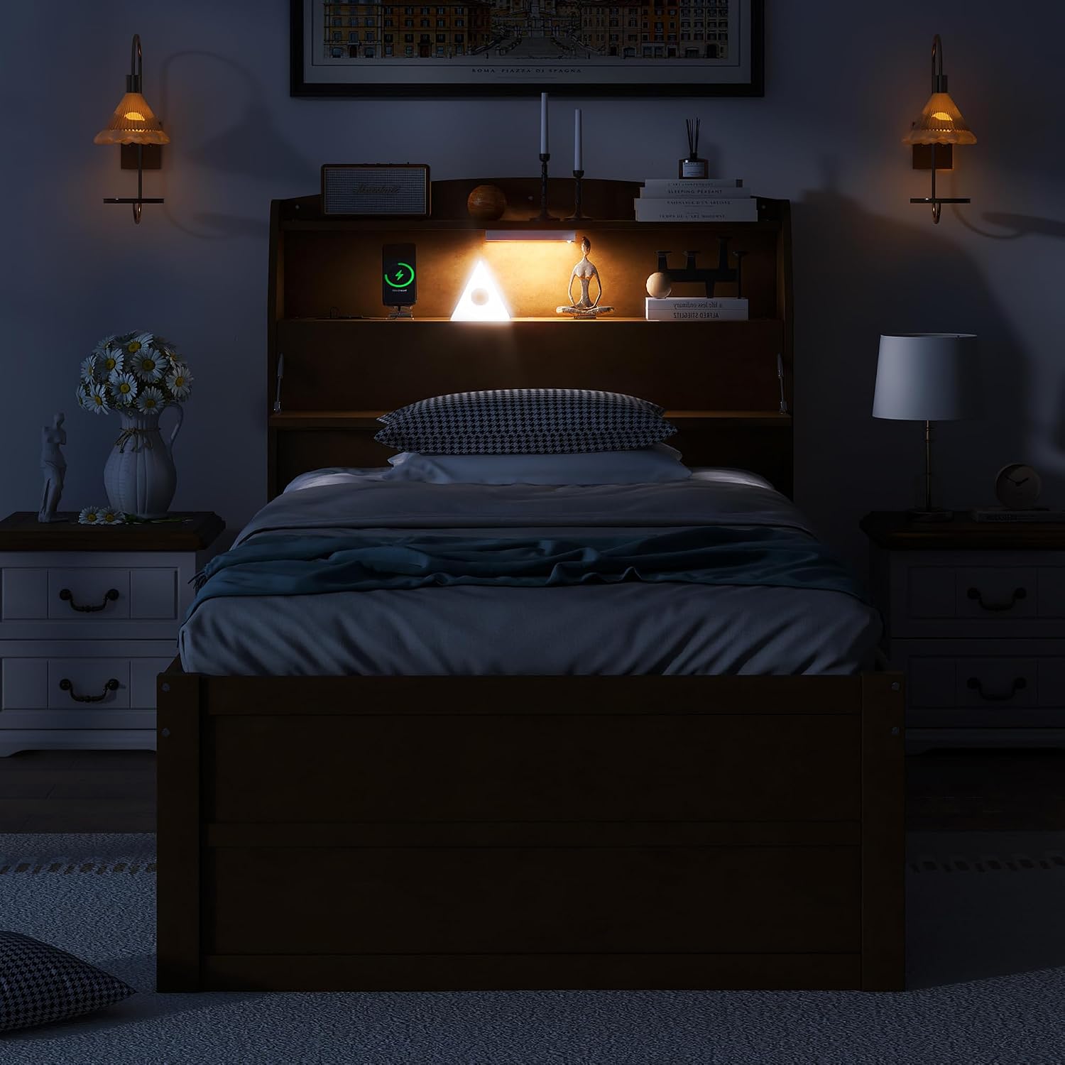 VilroCaz Modern Multi-Function Twin Size Platform Bed with Trundle and 3 Drawers, Wood Captain Platform Bed Frame with Storage Headboard and Night Light, Maximized Space