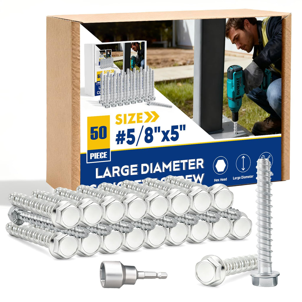 50 Pack 5/8' x 5' Large Diameter Concrete Screw - Heavy Duty Concrete Anchors, Masonry Screws for Brick, Block, Wood & Framing - Zinc Plated Hex Screws
