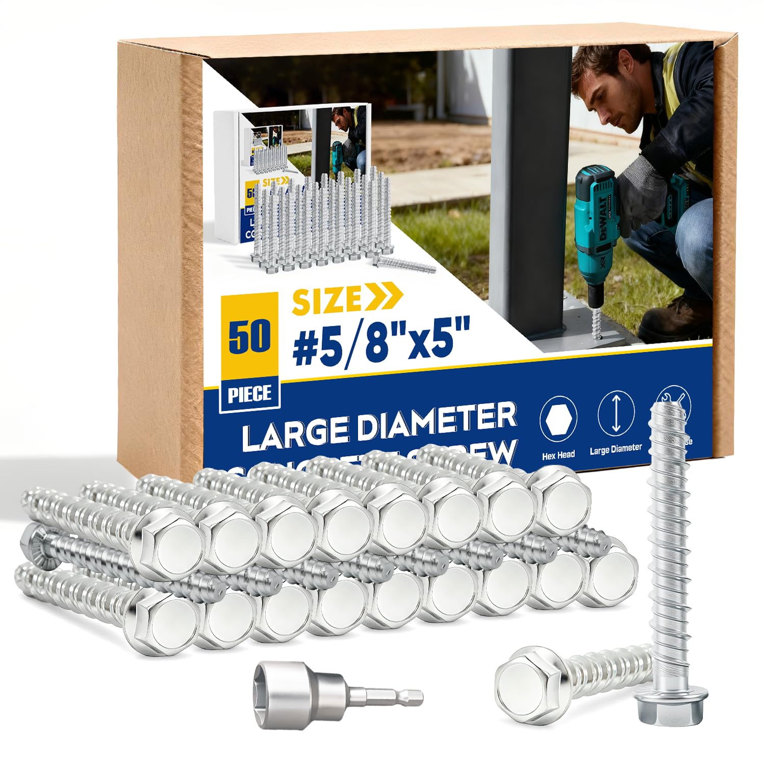 50 Pack 5/8' x 5' Large Diameter Concrete Screw - Heavy Duty Concrete Anchors, Masonry Screws for Brick, Block, Wood & Framing - Zinc Plated Hex Screws