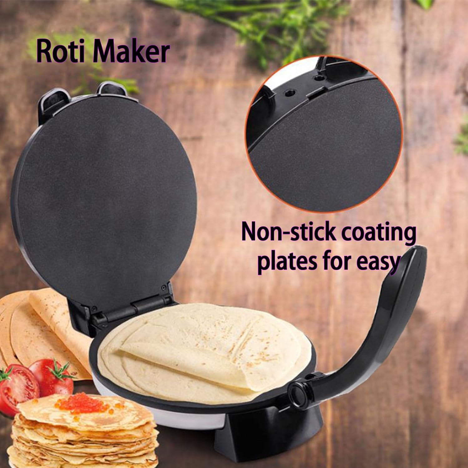 Roti Maker Machine, Electric Tortilla Machine, with Dual Surface Heating, Non Stick Plates, Adjustable Temperature, for Pancakes, Pizza, Quesadillas