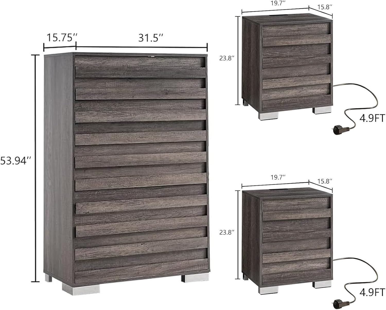 LUXOAK 3 Pcs Bedroom Furniture Set - Farmhouse 5 Drawer Dresser and Nightstand Sets of 2 with Charging Station, Slated Handles & Stainless Steel Feet, Rustic Grey