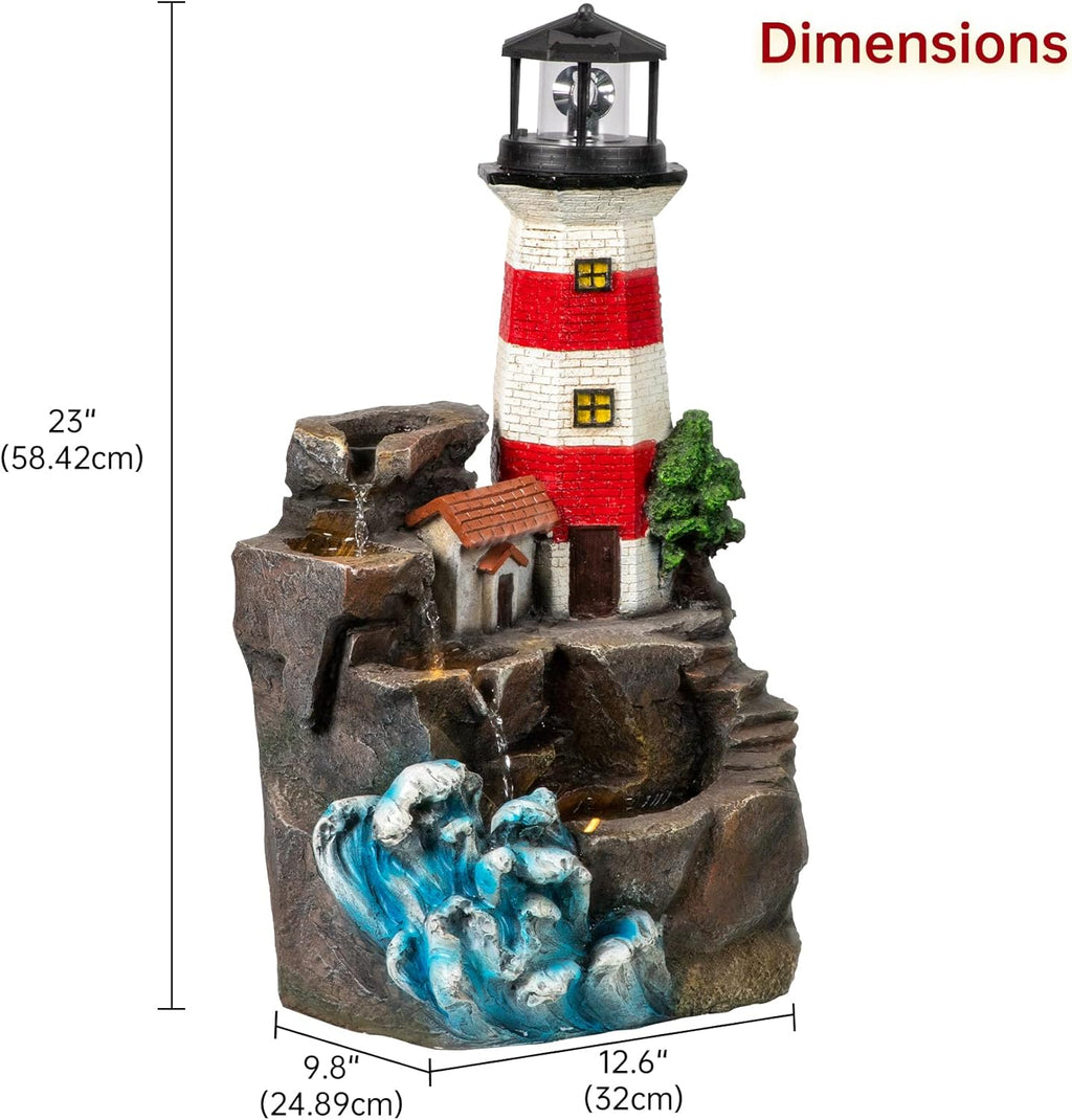 Ferrisland Lighthouse Big Waterfall Fountain Outdoor, Freestanding Relaxing Water Fountain, Garden Backyard Decking Home Nautical Art Decor, Gift Ideas(Red & White, 23' H)