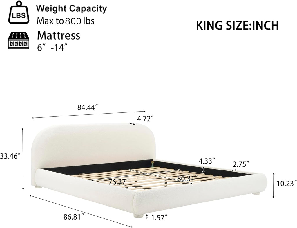 KLMM Upholstered Platform Bed with Thick Fabric, Solid Frame and Curve-Shaped Design,for Kids Teens Adults Bedroom (Cream/Boucle1, King)