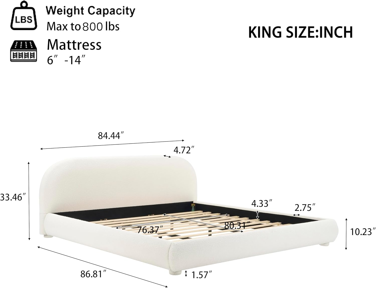 KLMM Upholstered Platform Bed with Thick Fabric, Solid Frame and Curve-Shaped Design,for Kids Teens Adults Bedroom (Cream/Boucle1, King)