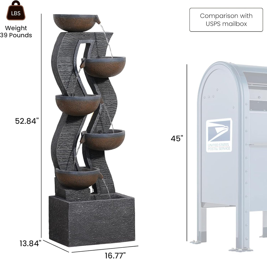 52.8' Tall Outdoor Water Fountain with Lights, 6-Tier Cascading Resin Waterfall Feature for Porch, Garden, Yard, Deck, Patio – Large Freestanding Outdoor Fountain and Waterfall Outside Decor