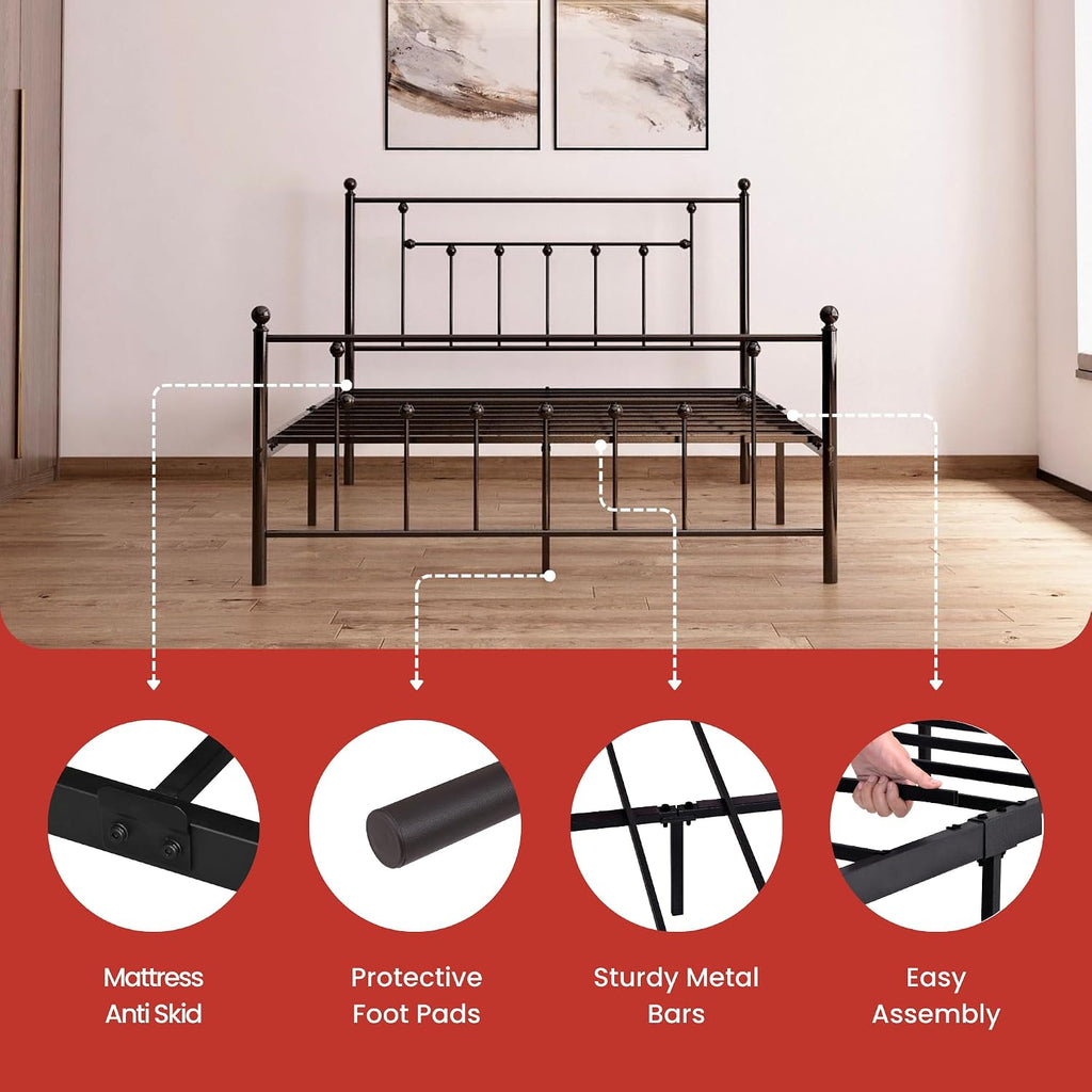 Golden Gate Beds Victorian Style Metal Platform Bed Frame with Antique Wrought Iron-Art Headboard and Footboard, Classic Cama Steel Mattress Foundation, No Box Spring Needed, Queen Size, Black Finish
