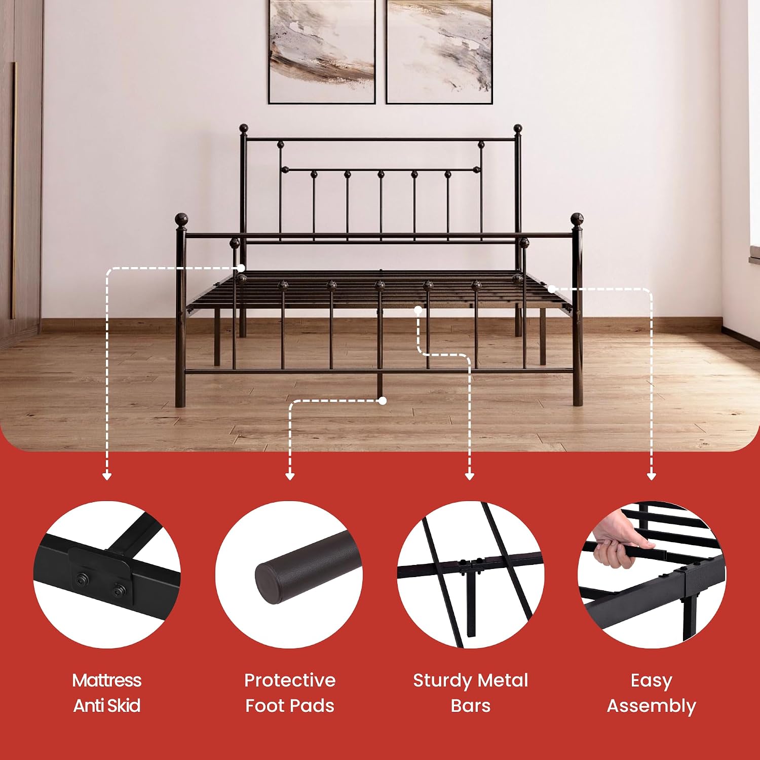 Golden Gate Beds Victorian Style Metal Platform Bed Frame with Antique Wrought Iron-Art Headboard and Footboard, Classic Cama Steel Mattress Foundation, No Box Spring Needed, Queen Size, Black Finish