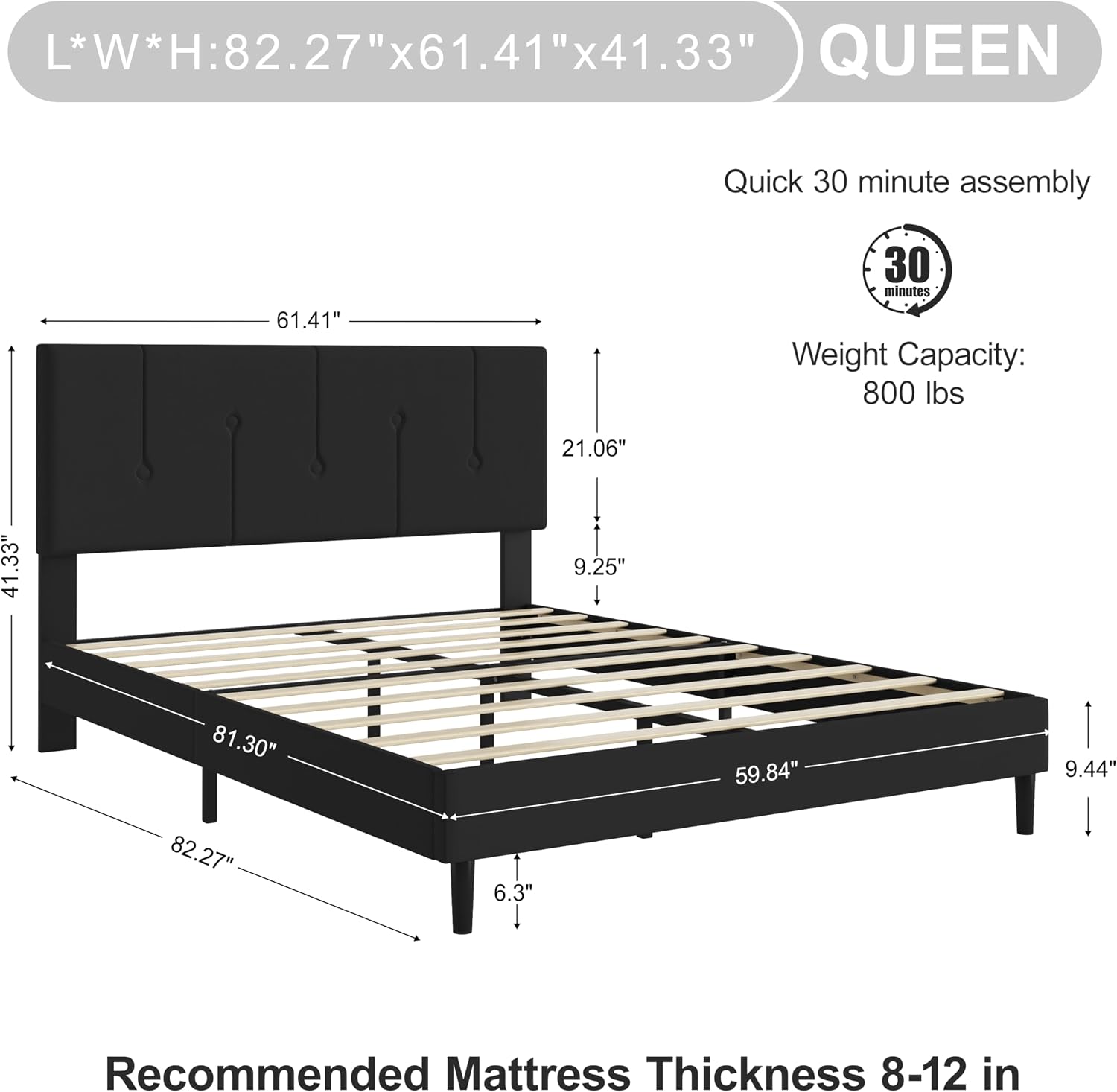 IOILORI Queen Size Bed Frame Platform with Velvet Upholstered Headboard, Sturdy Wooden Slats, No Spring Box, No Noise, Easy to Assemble, Light Grey Bedframe with Strong Wooden Slats, Black