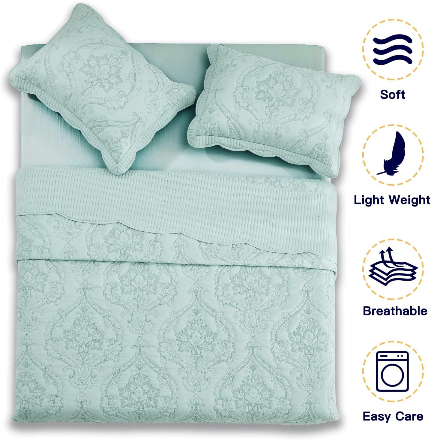 CHIXIN Bedspread Coverlet Set Queen Size - Lightweight Bedding Cover - Beautiful Stitching - 5 Piece Reversible Bedspread - Gorgeous Damask Paisley Pattern (Queen, Seaglass)
