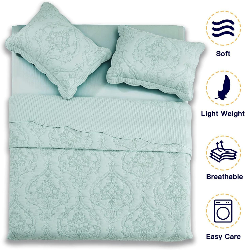 CHIXIN Oversized Bedspread Coverlet Set King Size - Lightweight Bedding Cover - Beautiful Stitching - 5 Piece Reversible Bedspread - Gorgeous Damask Paisley Pattern (King, Seaglass)