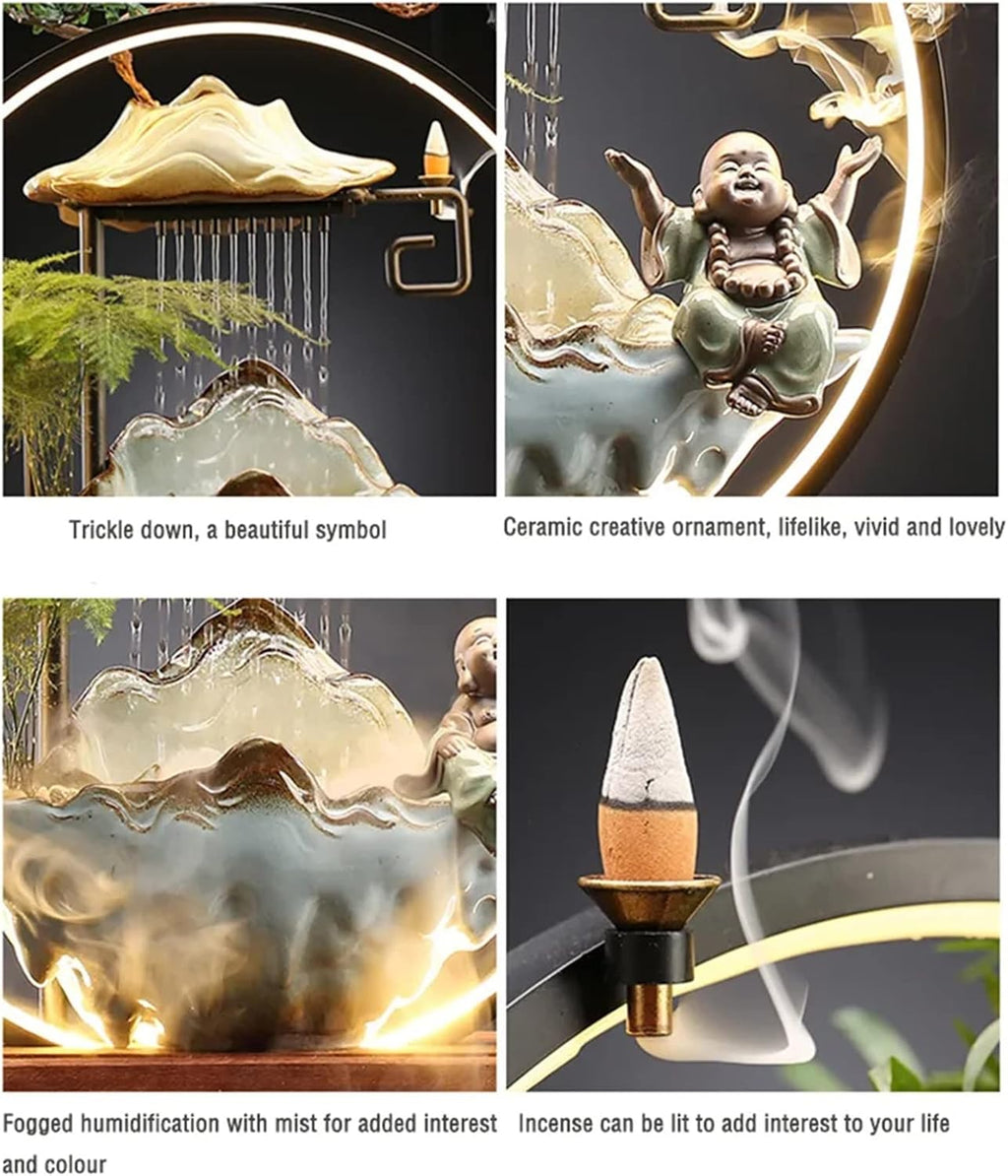 Ceramics Indoor Water Fountains Home Lucky Circulation Flowing Water Ornament Living Room Desktop Office Fountain with Mist and Backflow Incense Holder (Color : D)