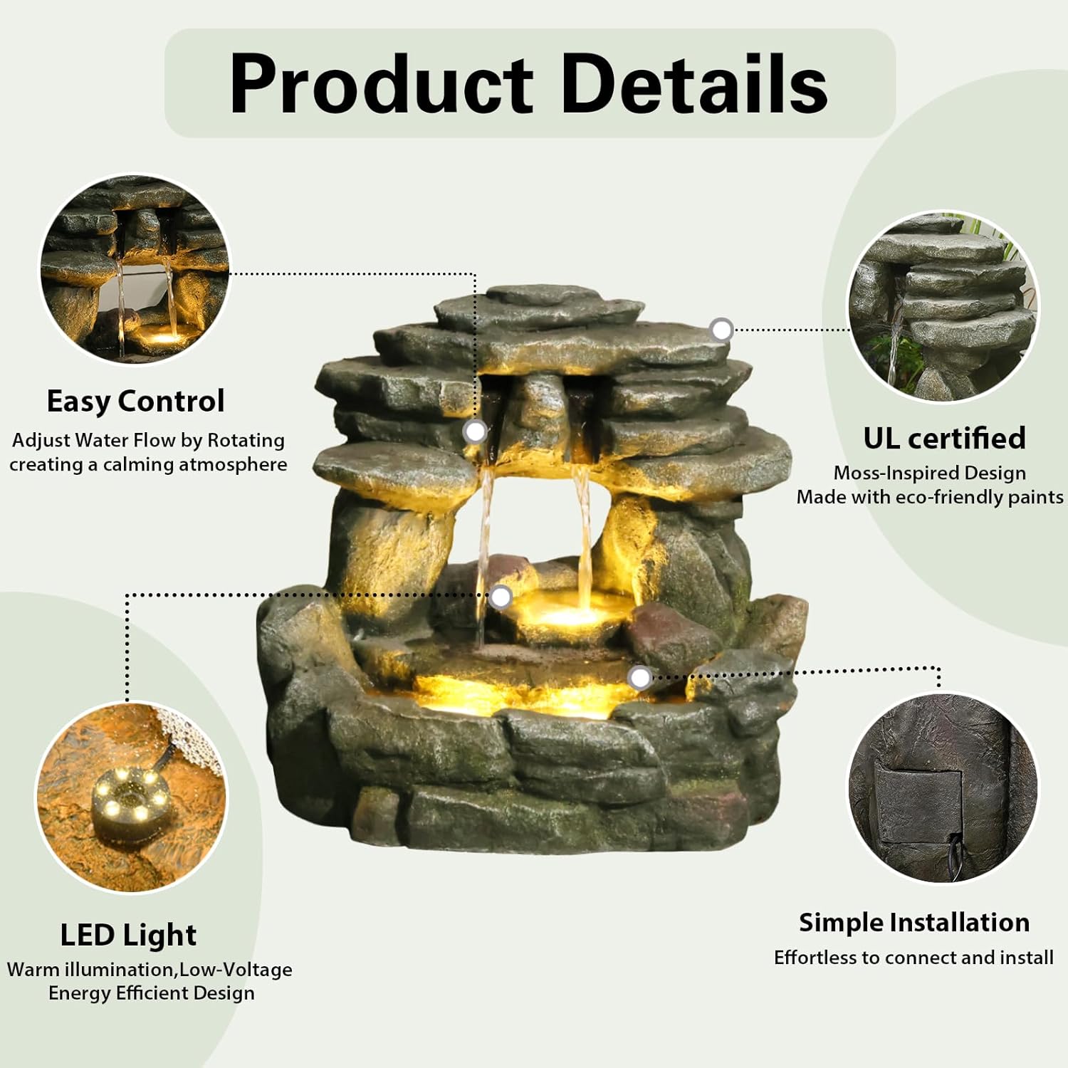 Bumilgar 15.6' H Small Garden Outdoor Rock Water Fountain with LED Lights, 3-Tier Cascading Waterfall Fountain for Patio, Porch, Backyard & Indoor Home Decor