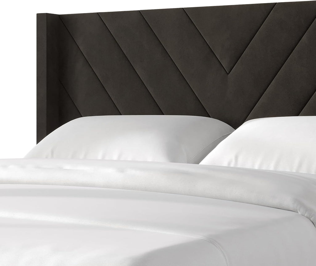 Queen Platform Bed Frame with Chevron-Stitched Wingback Headboard, Velvet Upholstery, No Box Spring Needed, Easy Assembly, Brown
