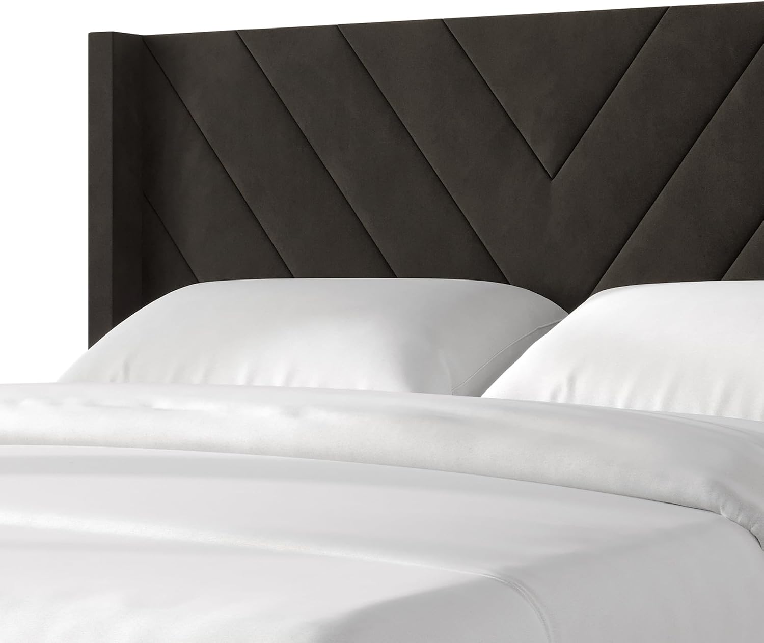 Queen Platform Bed Frame with Chevron-Stitched Wingback Headboard, Velvet Upholstery, No Box Spring Needed, Easy Assembly, Brown