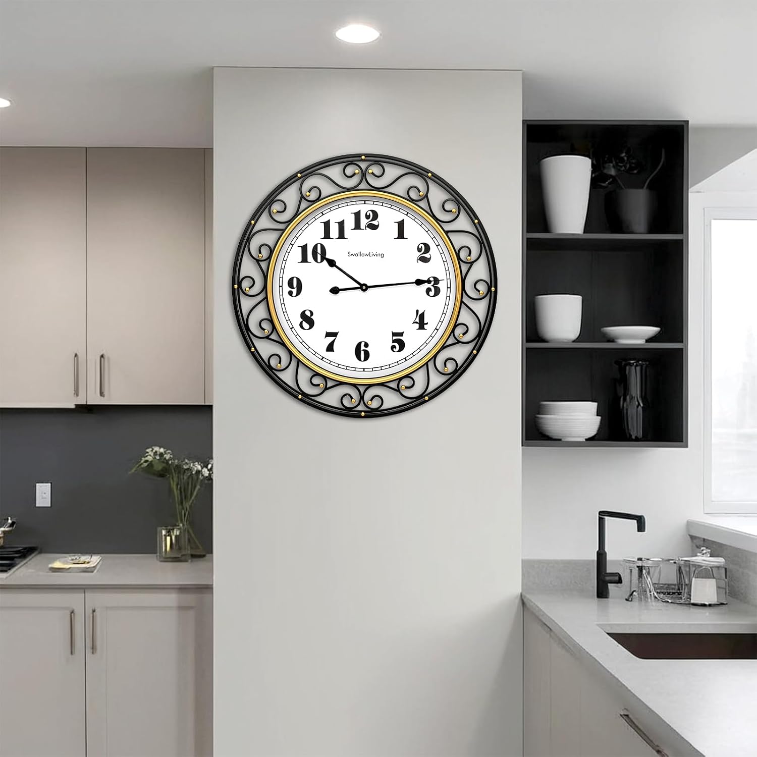 SwallowLiving 30 Inch Vintage Iron Large Black Metal Frame Wall Clock Silent, Battery Operated, Elegant Retro Decor for Living Room, Kitchen, Office, Dining Room, and Bedroom