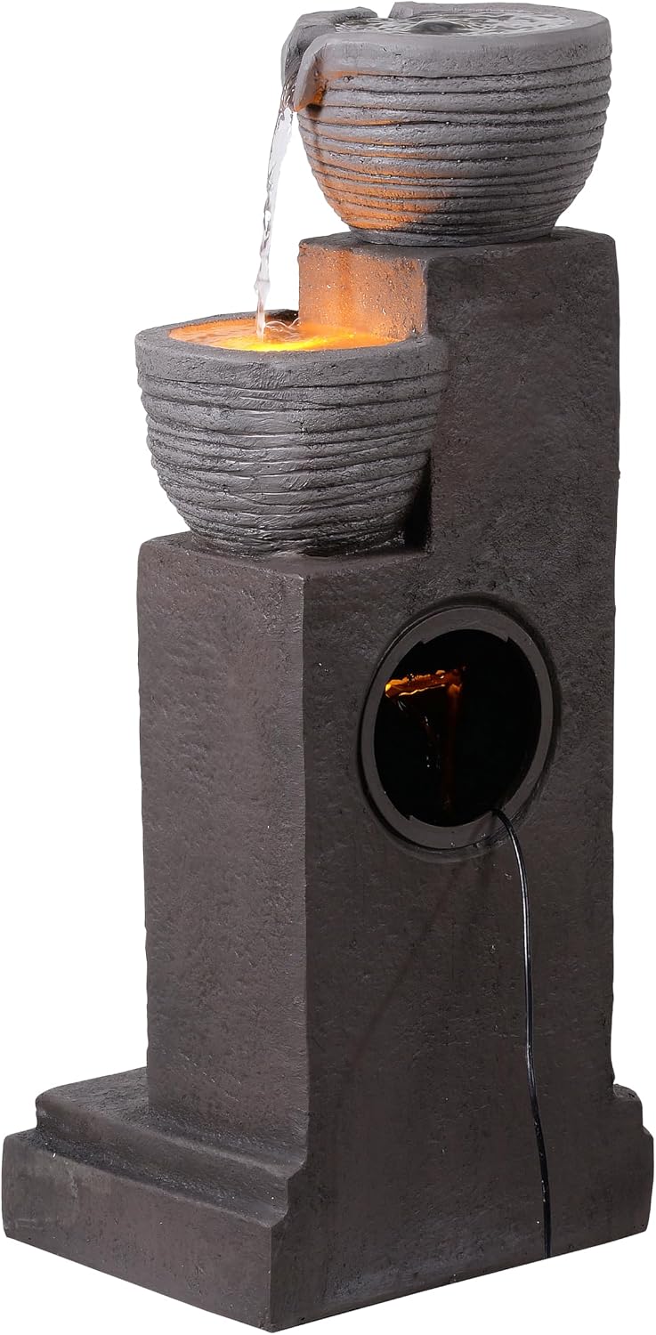 Teamson Home Horizontal Ribbed Pattern Outdoor Water Fountain–Warm Glow Lighting with Adjustable Flow & Electric Pump, Warm Gray