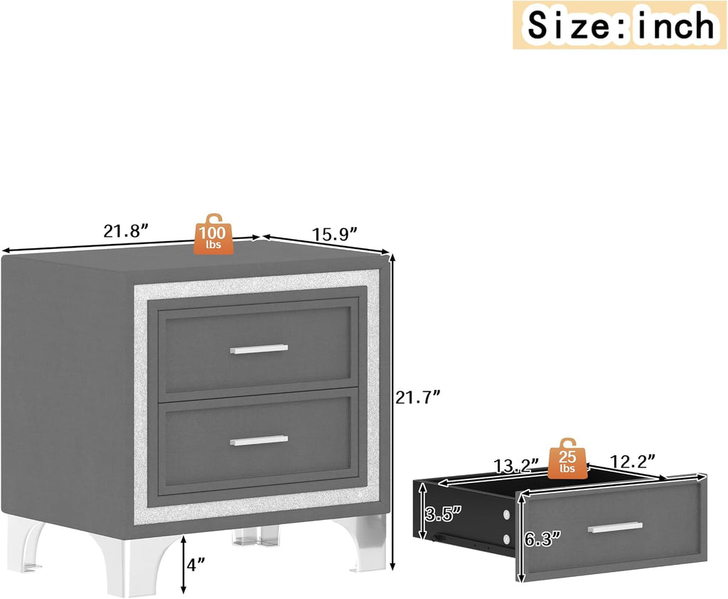 GDFStudio Homay 3-Piece Bedroom Sets, Queen Size Upholstered Platform Bed with Two Nightstands, Upholstered Velvet Bed Frame, Adjustable Headboard, Slat Support, No Spring Box Needed, 44-46'' H, Gray